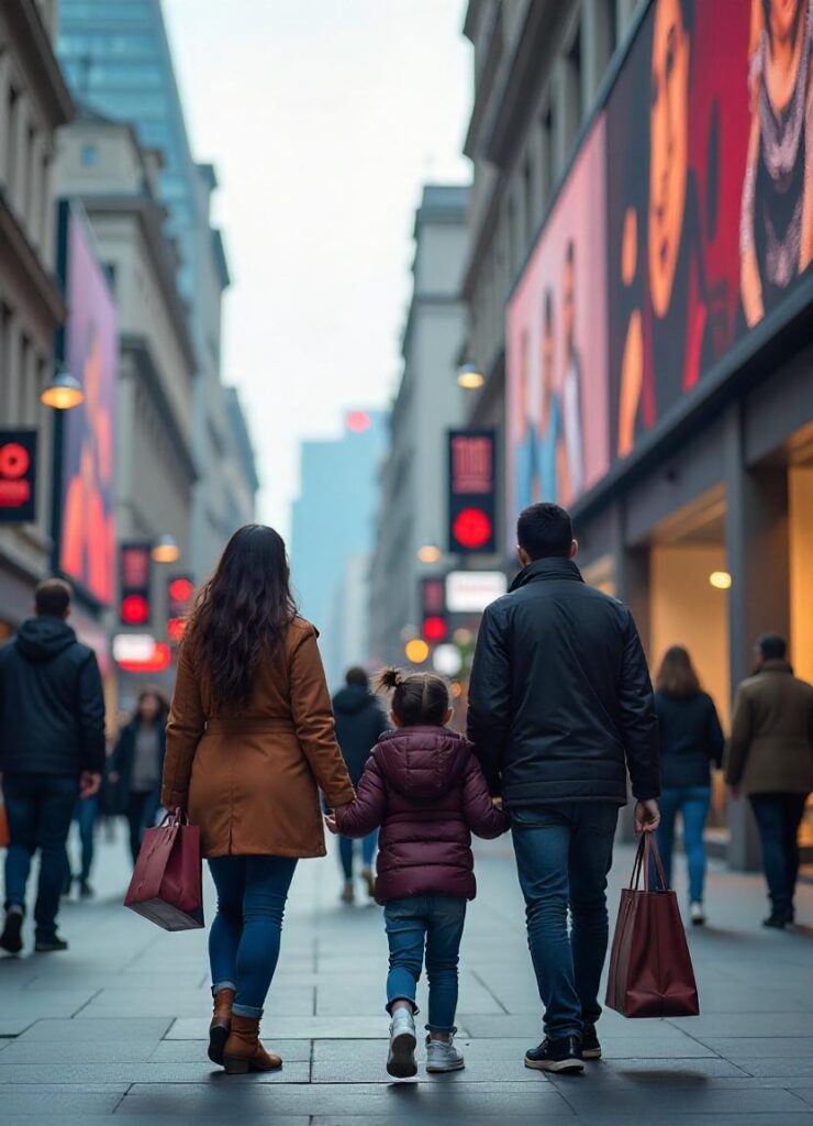 Present a vibrant shopping district filled with di